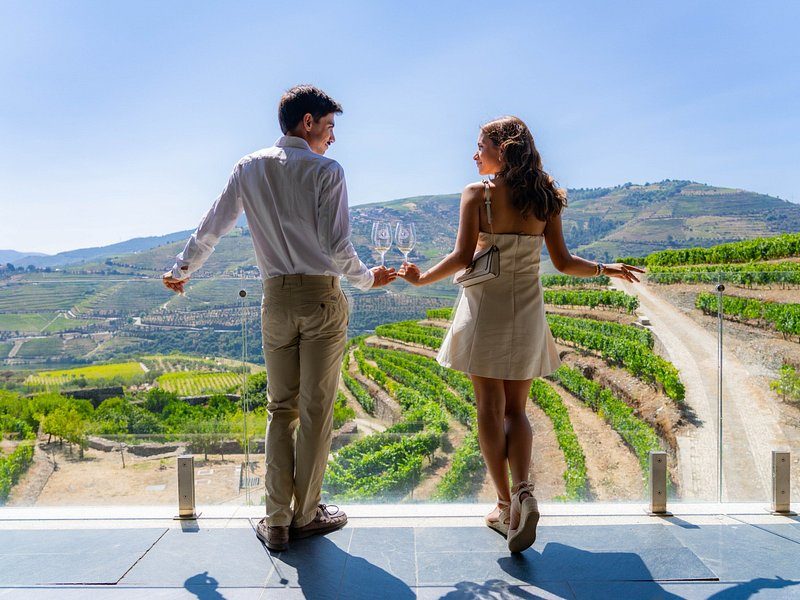 A viewing platform out over the Douro vineyard terraces